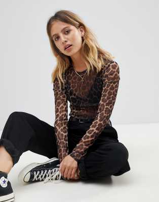 long sleeve mesh leopard print top