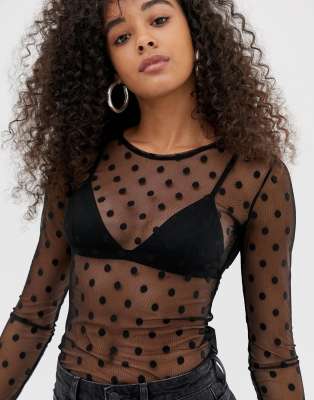 dotted mesh long sleeve top