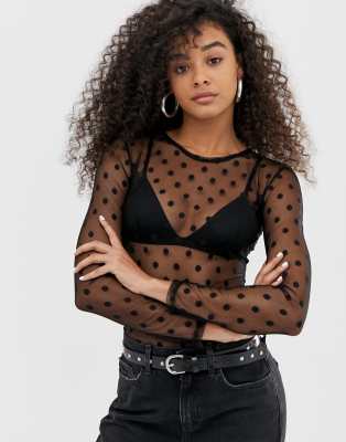 Daisy Street shrunken long sleeve top in spot print mesh-Black