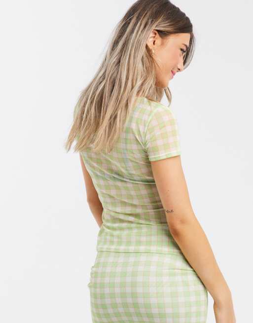 Daisy Street shrunken short sleeve top in check mesh two-piece, 2 of 4
