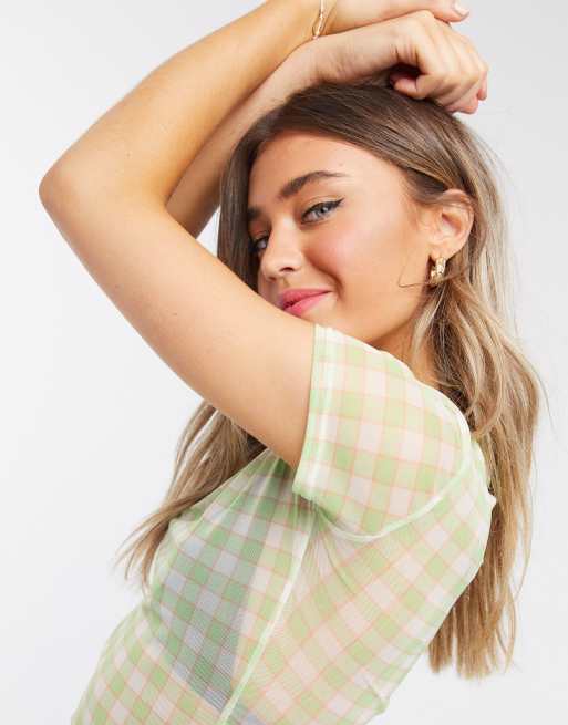 Daisy Street shrunken short sleeve top in check mesh two-piece, 3 of 4