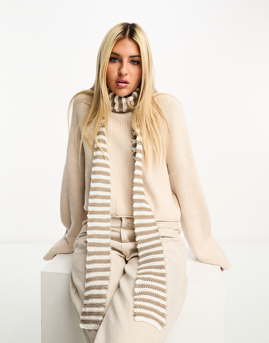 Daisy Street Skinny Striped Knit Scarf In Off White And Beige