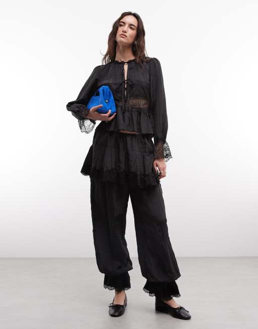 Daisy Street boho lace insert tie front blouse in black co-ord, 2 of 3