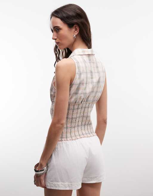 Daisy Street sleeveless shirred shirt in multi plaid, 4 of 4