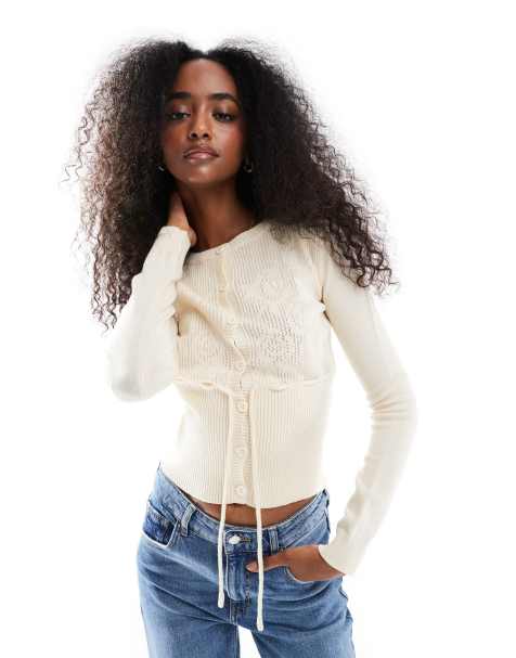 Daisy Street slim fit cardigan with rose intarsia in cream - view 1