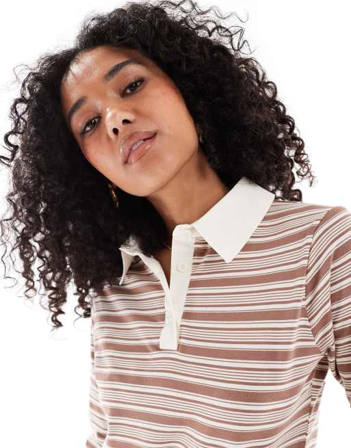 Daisy Street slim fit long sleeve rugby top in brown and ecru stripe | ASOS