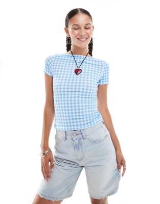 Daisy Street slinky fitted top in blue gingham check