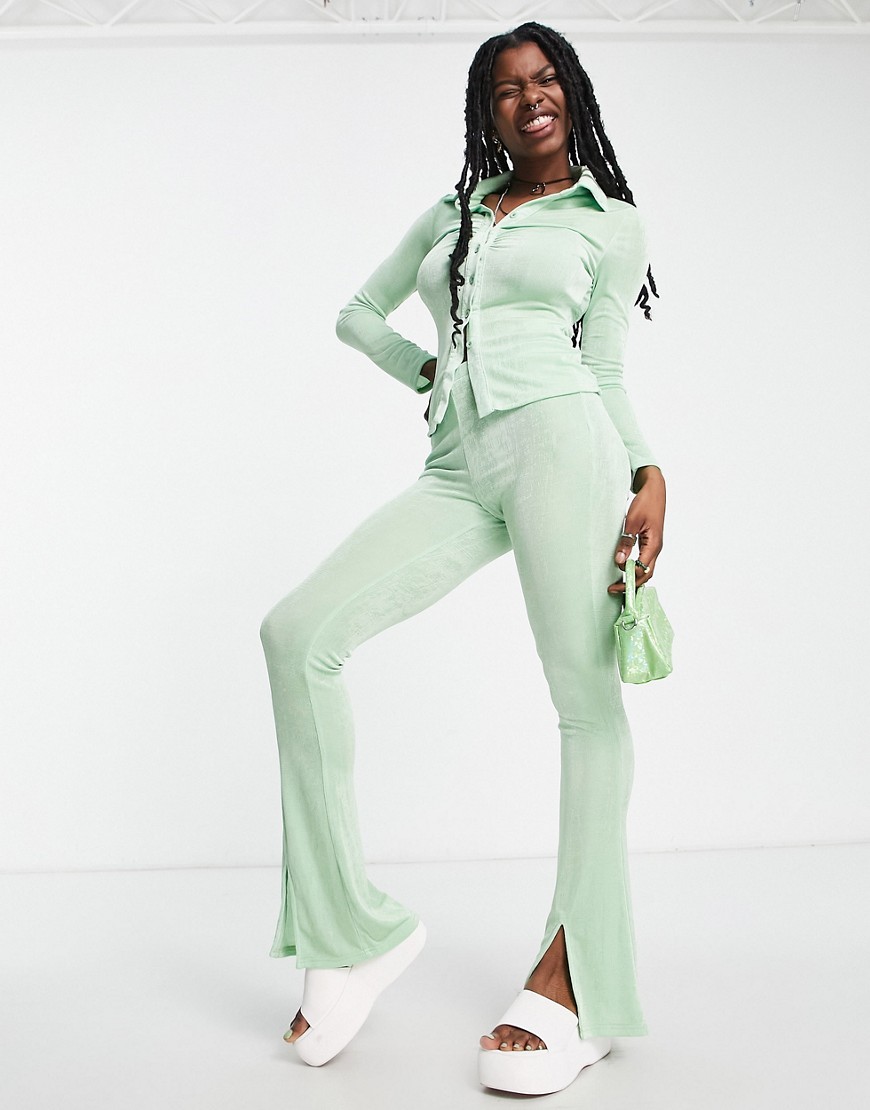 Daisy Street slinky high waist pants with split hem in mint - part of a set-Green