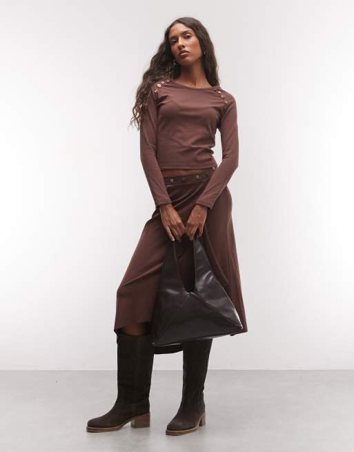 Daisy Street slinky top with buttons in brown co-ord, 2 of 4
