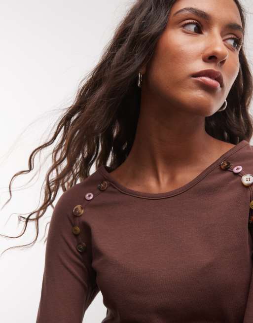 Daisy Street slinky top with buttons in brown co-ord, 4 of 4