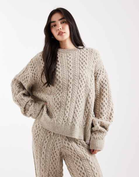 Daisy Street slouchy crew neck cable jumper in grey marl co-ord