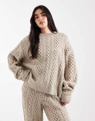 Daisy Street Slouchy Crew Neck Cable Sweater In Neutral