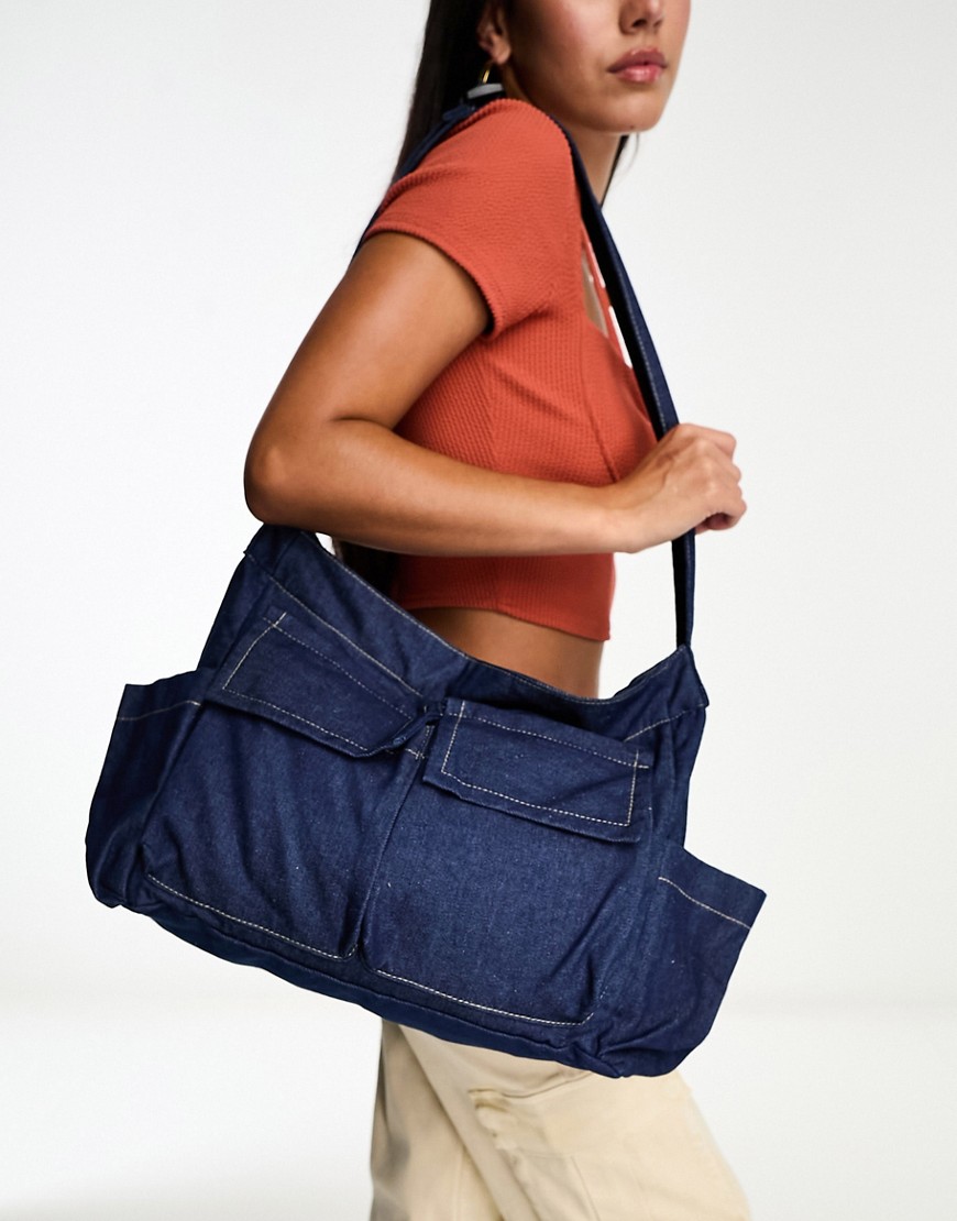 Daisy Street Slouchy Messenger Bag With Pockets In Denim-blue