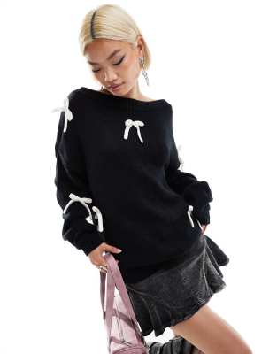 slouchy off the shoulder bow detail sweater-Black