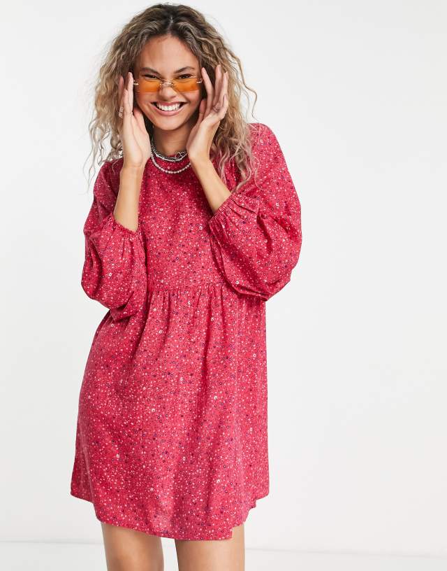 Daisy Street - smock mini dress in hot pink daisy print