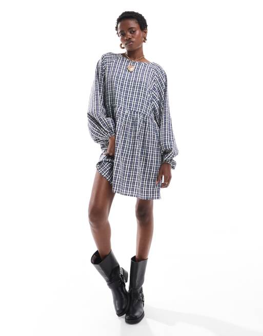 Daisy Street - Smock-minikjole med blå vintage-tern