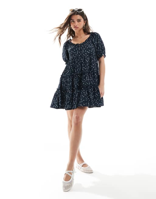Daisy Street smock tiered mini dress in navy floral, 2 of 4