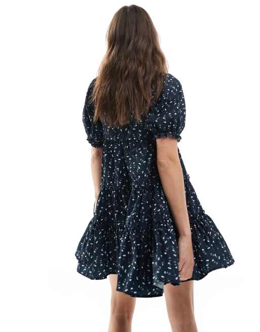 Daisy Street smock tiered mini dress in navy floral, 3 of 4