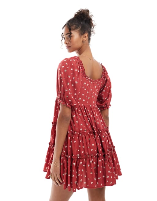 Daisy street smock tiered mini dress in red ditsy floral, 3 of 4