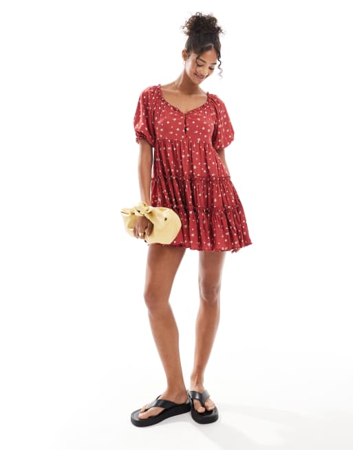 Daisy street smock tiered mini dress in red ditsy floral, 4 of 4