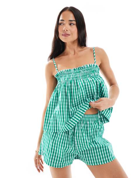 Daisy Street smock top in green gingham - part of a set - view 1