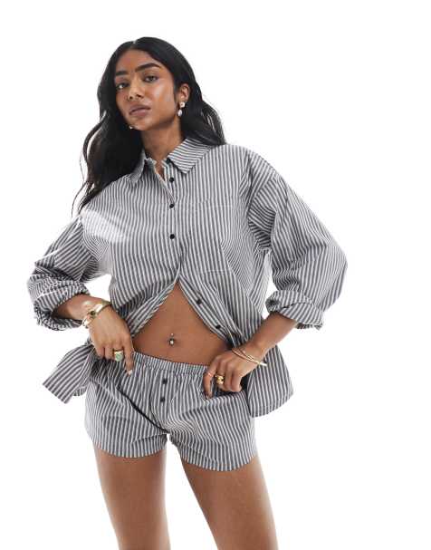 Daisy Street - Sorte/hvide pull-on-shorts med boksershortsdesign og striber - Del af sæt - view 1