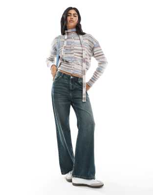 Daisy Street Space Dye Striped Heathered Button Up Cardigan With Scarf In Multi