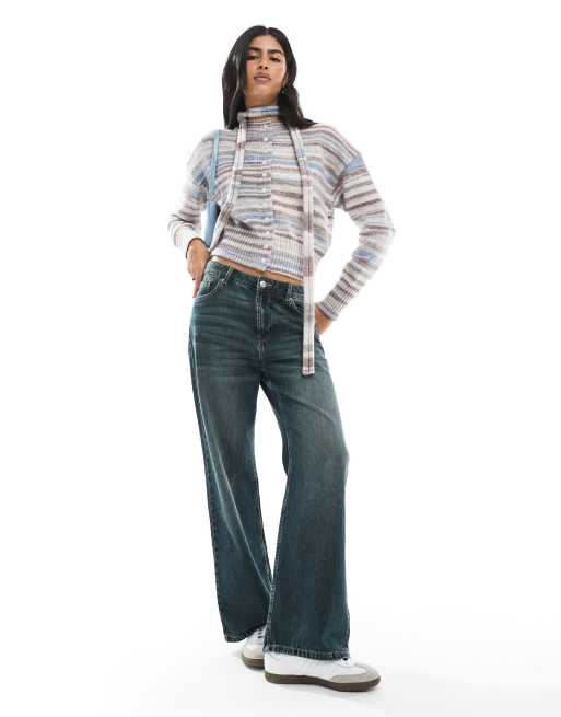 Daisy Street space dye striped heathered button up cardigan with scarf in multi, 2 of 4