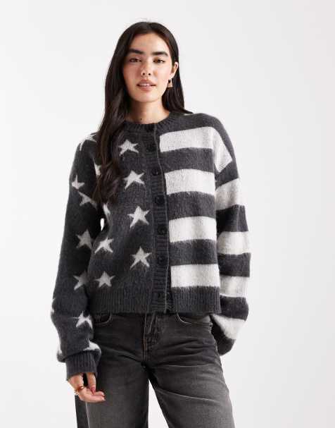 Daisy Street spliced cardigan in stripes and stars print in black and white - view 1