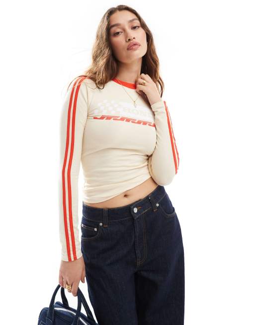 Daisy Street sporty long sleeve top in red ecru with Honda graphic