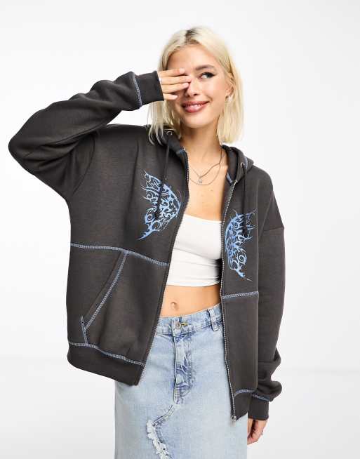 Daisy Street – Sprana szara zapinana na zamek bluza oversize z kapturem i nadrukiem z motywem motyla