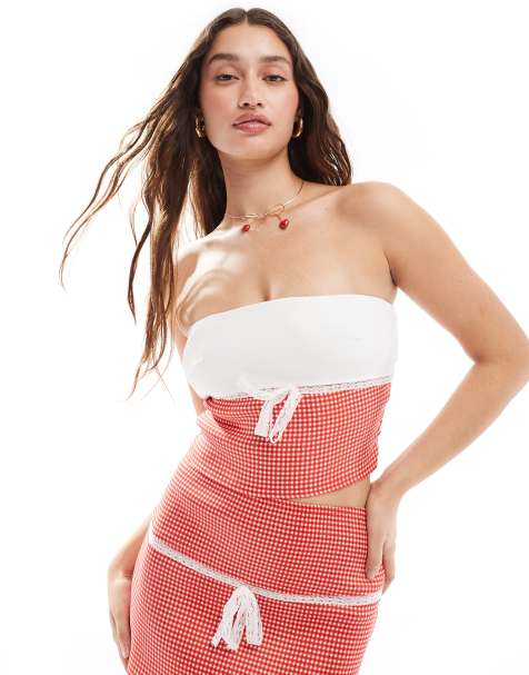 Daisy Street square neck cami crop top with contrast bust in red gingham co-ord - view 1