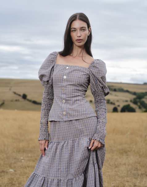 Daisy Street square neck corset style blouse with puff shoulders and shirred sleeve in brown navy check (Part of a set) - view 1