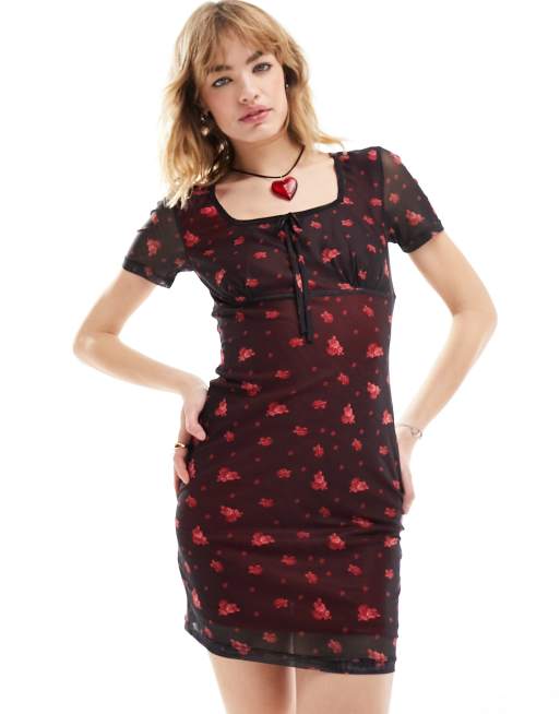 Daisy Street square neck mesh mini dress in rose bud print, 3 of 4
