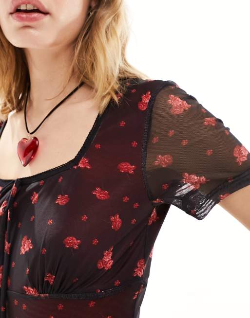 Daisy Street square neck mesh mini dress in rose bud print, 4 of 4
