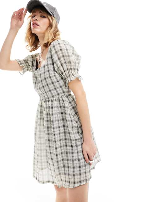 Daisy Street square neck mini tea dress in tonal check