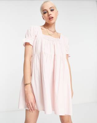 Daisy Street square neck smock dress with puff sleeves in pink | ASOS