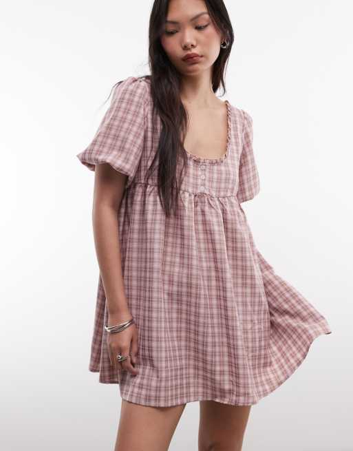 Daisy Street square neck smock mini dress in multi check, 3 of 4