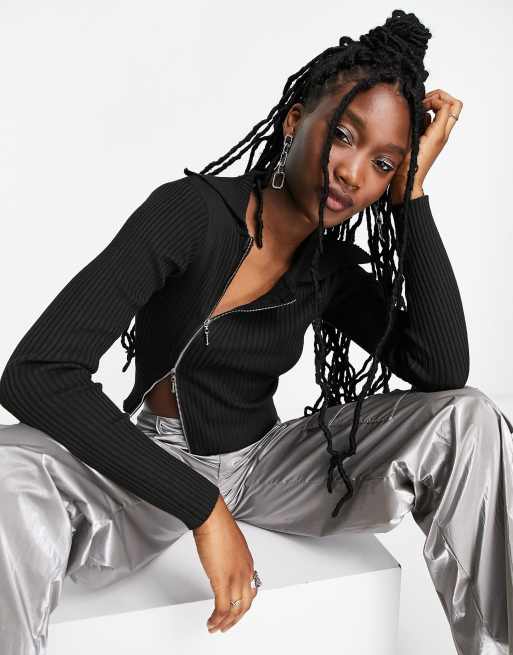 Daisy Street – Stickad crop top med asymmetrisk dragkedja och krage