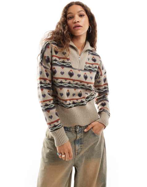 Daisy Street – Stickad tröja i vintagestil med kvartslång dragkedja och Fair Isle-mönster - view 1