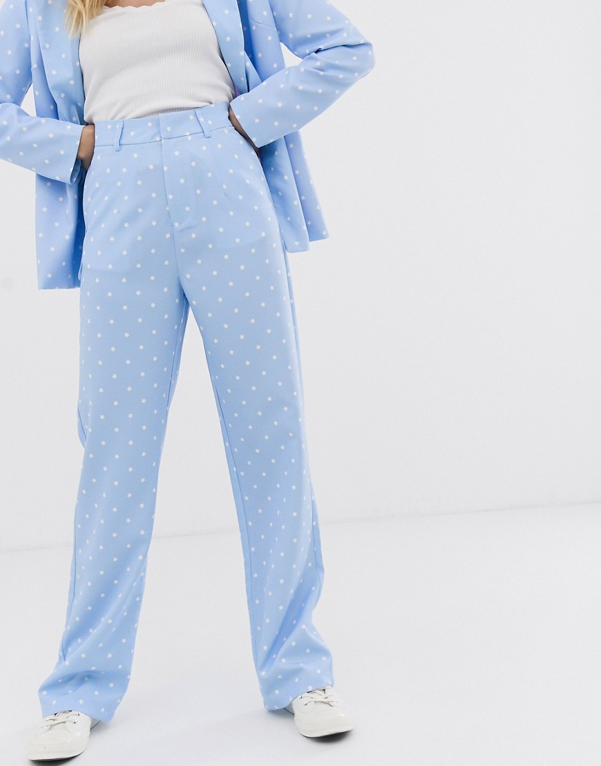 Daisy Street straight leg tailored pants in star print two-piece-Blue