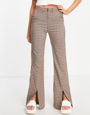 Daisy Street straight leg trousers with split hem in vintage check - ASOS Price Checker