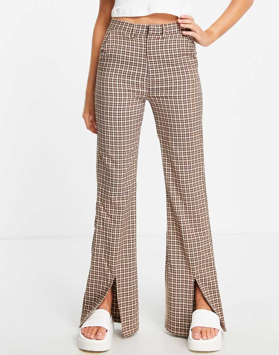 Daisy Street straight leg trousers with split hem in vintage check