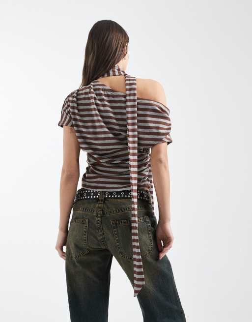 Daisy Street - Stribet bordeaux/grå asymmetrisk top med rynker og matchende tørklæde, 2 af 4