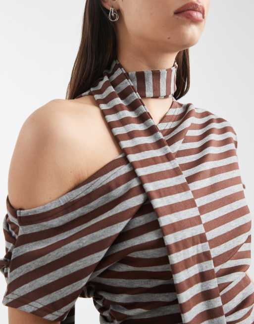 Daisy Street - Stribet bordeaux/grå asymmetrisk top med rynker og matchende tørklæde, 4 af 4
