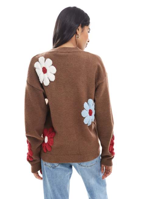 Daisy Street – Strickjacke in Braun mit mehrfarbigen Blumen und V-Ausschnitt, 4 von 4