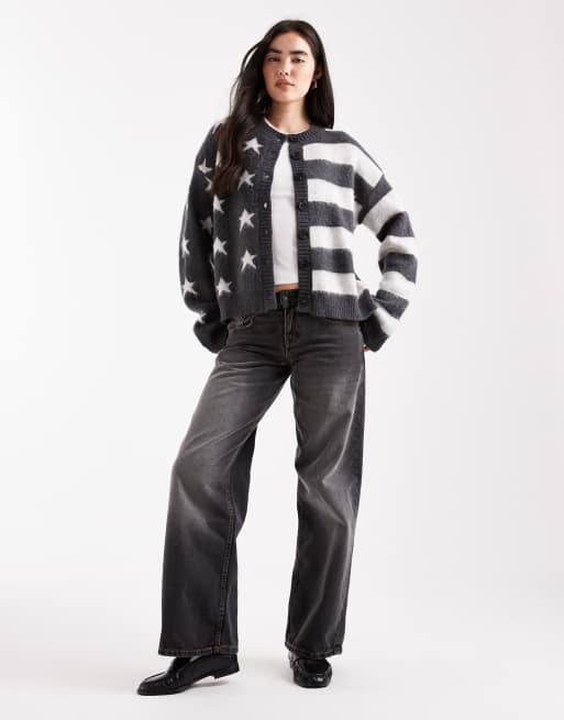 Daisy Street – Strickjacke in Schwarz und Weiß mit geteiltem Stern- und Streifenmuster, 2 von 4