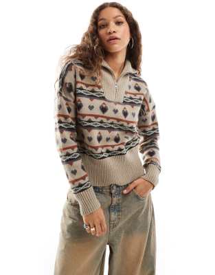 Daisy Street - Strickpullover im Vintage-Stil mit Norwegermuster und kurzem Reißverschluss-Brown