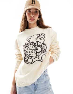 Daisy Street - Strickpullover in Creme mit'süßem Teddybär-Intarsienmotiv-Weiß