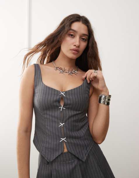 Daisy Street stripe corset with bow keyhole detail in grey (part of a set) - view 1